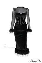 Velvet Patchwork Fuzzy Hem Slit Dress
