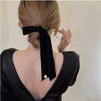 Velvet Ribbon Pearl Top Clip - Hair Accessory