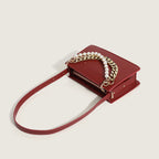 Chunky Chain Zip Top Leather Shoulder Bag with Versatile Pearl Trim - Red