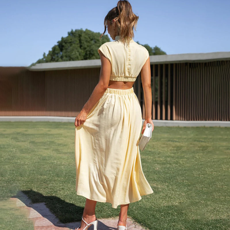 Brenda Exclusive Pleated Dress with High Neck Evening Wear Edit