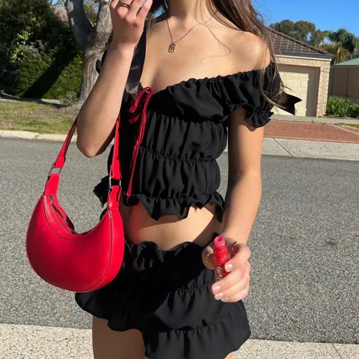 Vintage 2 Piece Set Cute Bow V Neck Ruched Crop Tops + Mini Pencil Fairycore Cottage T-shirt Y2K Kawaii Sweet Outfits Women