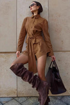 Vintage Brown Suede Tie Waist Cropped Two Piece Set