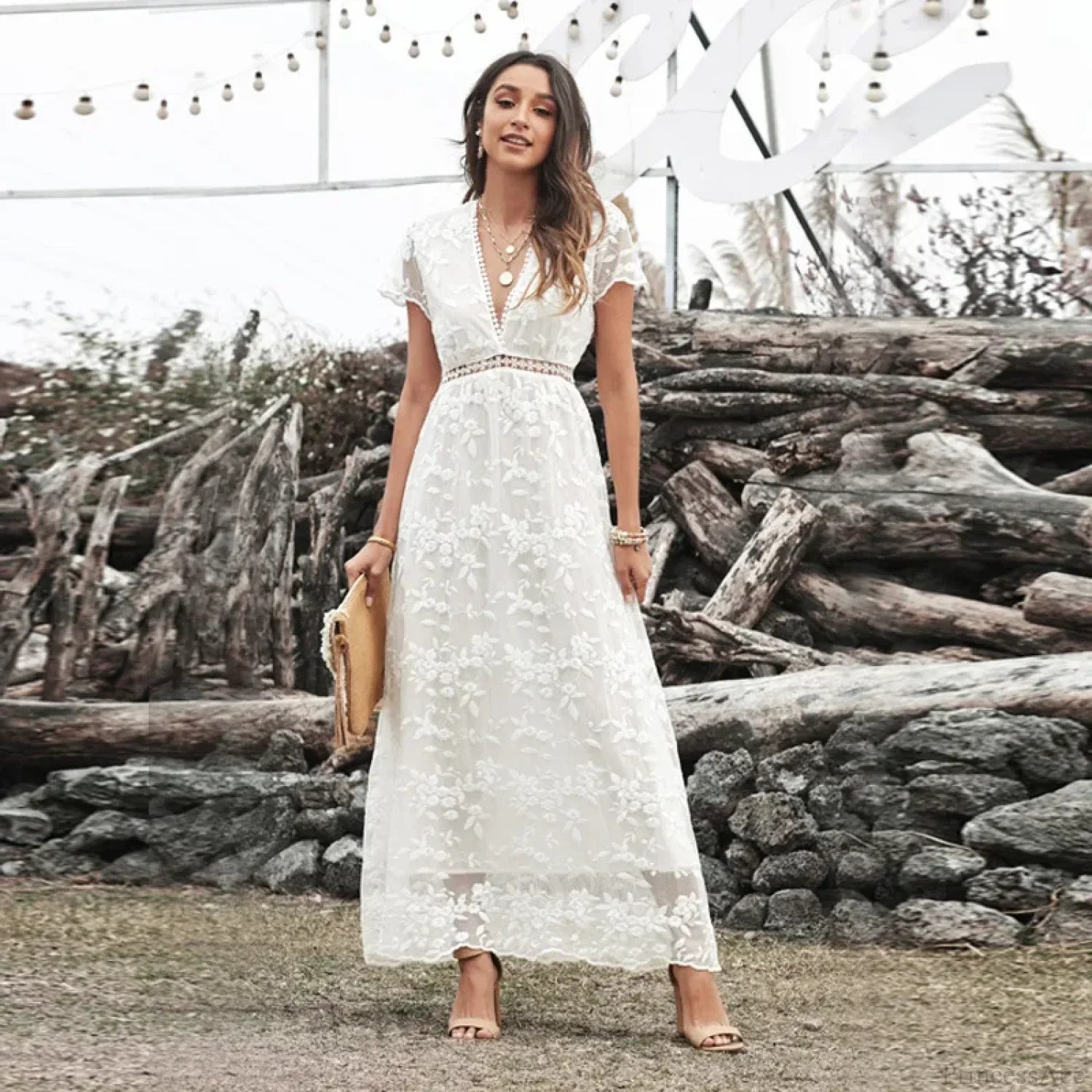 Vintage Deep V Short Sleeve Dress