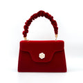 Red Vintage Faux Suede Clutch Bag with Foldover Flower Trim and Ruched Handle