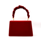 Red Vintage Faux Suede Clutch Bag with Foldover Flower Trim and Ruched Handle