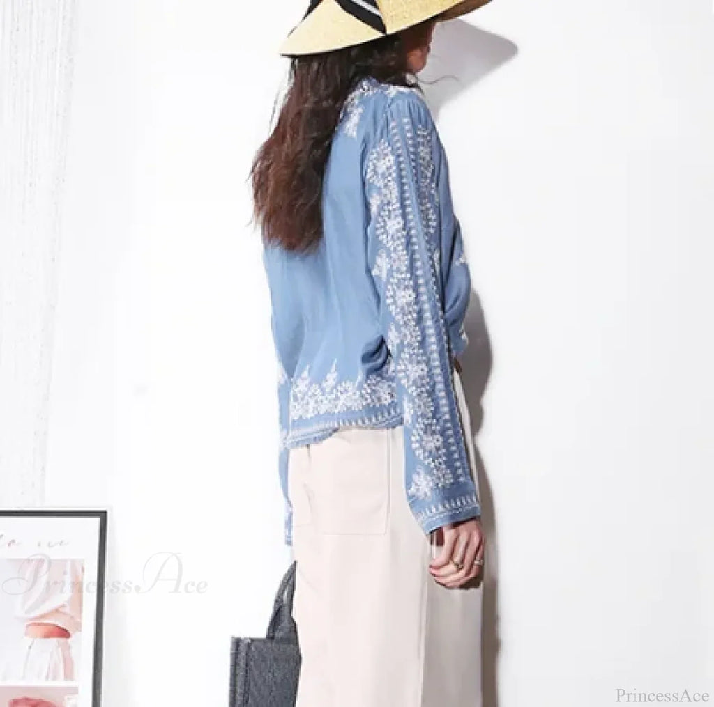 Vintage Floral Embroidery Cotton Denim Long Sleeve Boho Blouse