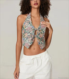 Vintage Floral Halterneck Bow Tied Front Deep V Crop Top