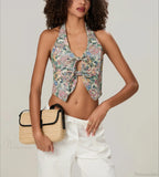 Vintage Floral Halterneck Bow Tied Front Deep V Crop Top