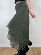 Vintage Floral Midi Skirt High Waist Mesh Irregular