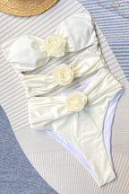 Vintage High Cut Cheeky 3D Flower Cutout Ruched Bandeau One Piece Swimsuit