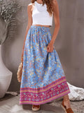 Vintage Hippie Blue Floral Print Tassel Beach Skirt High Elastic A-Line