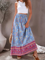 Vintage Hippie Blue Floral Print Tassel Beach Skirt High Elastic A-Line