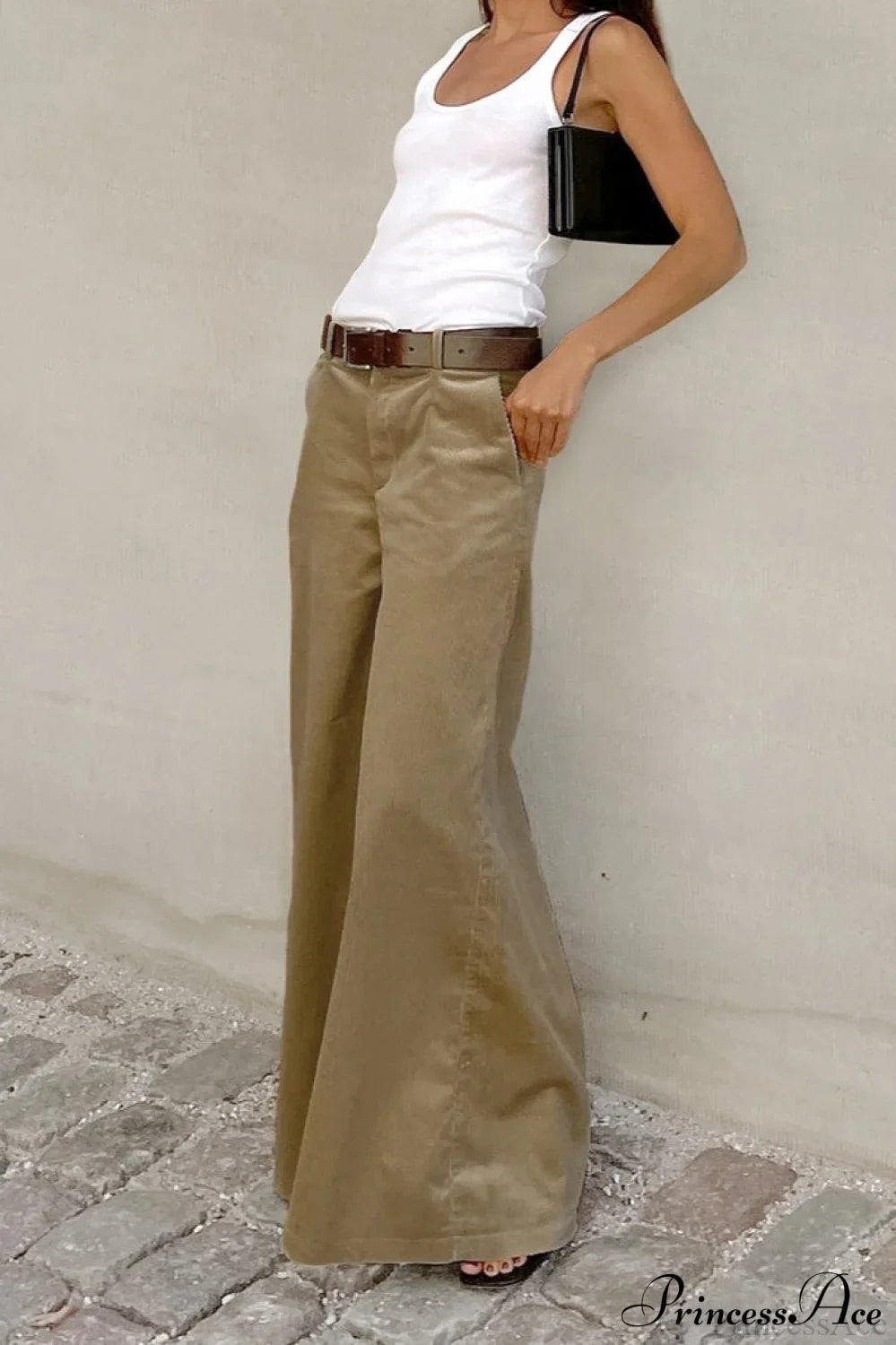 Vintage Khaki Corduroy Wide Leg Flared Pants