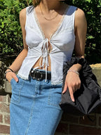 Vintage Lace Patchwork Bow Tie-up Crop Top