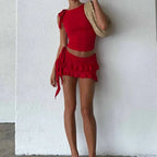 Vintage Lettuce Edge Tie Up Crop Top + Ruched Tiered Ruffles Mini Skirt Coquette 2 Piece Set Women Club Party Streetwear Outfits