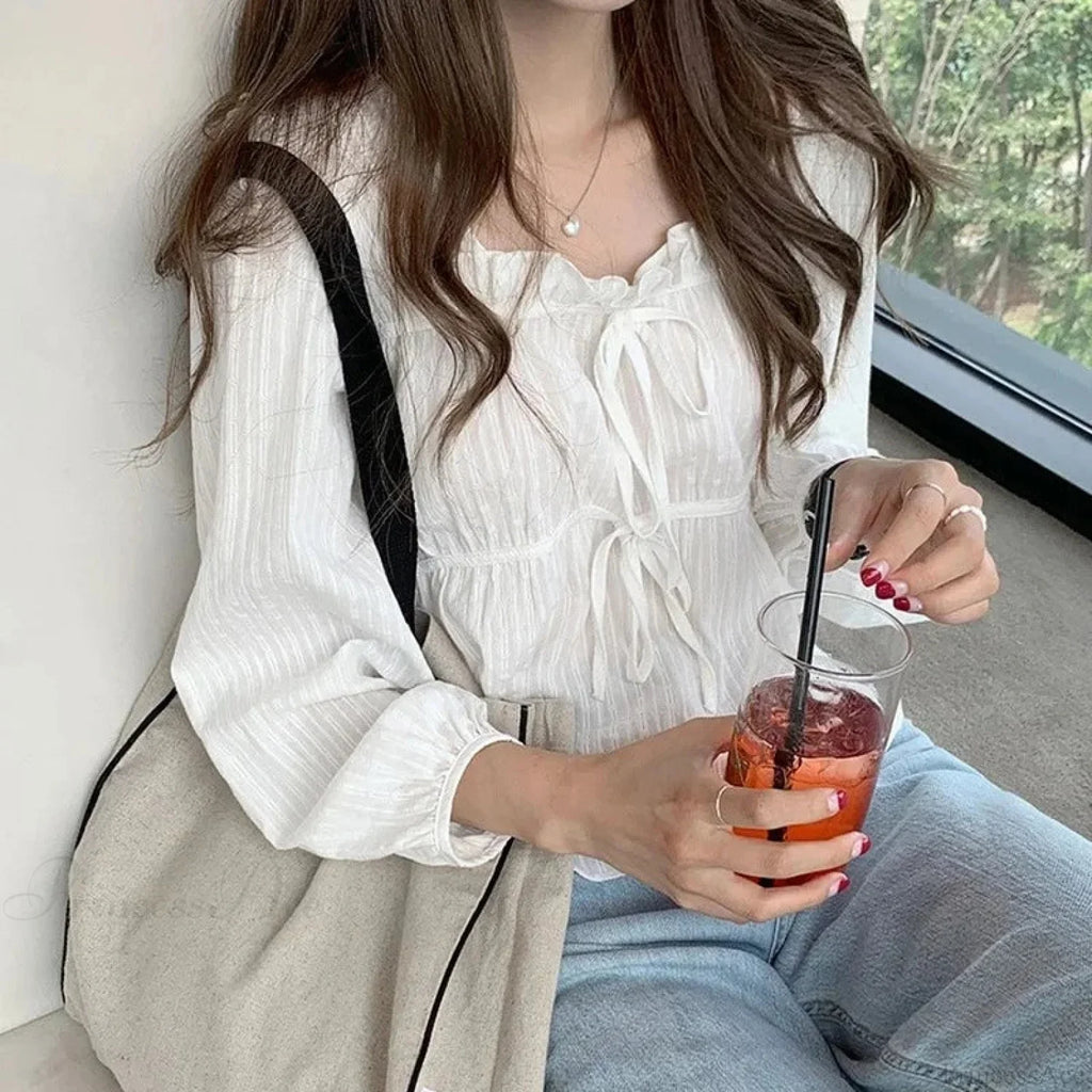 Vintage Loose White Ruffled Long Sleeve Blouse
