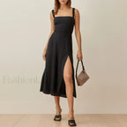 Vintage Print Chiffon Beach Dress Sleeveless Side Slit Floral Dress
