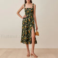 Vintage Print Chiffon Beach Dress Sleeveless Side Slit Floral Dress