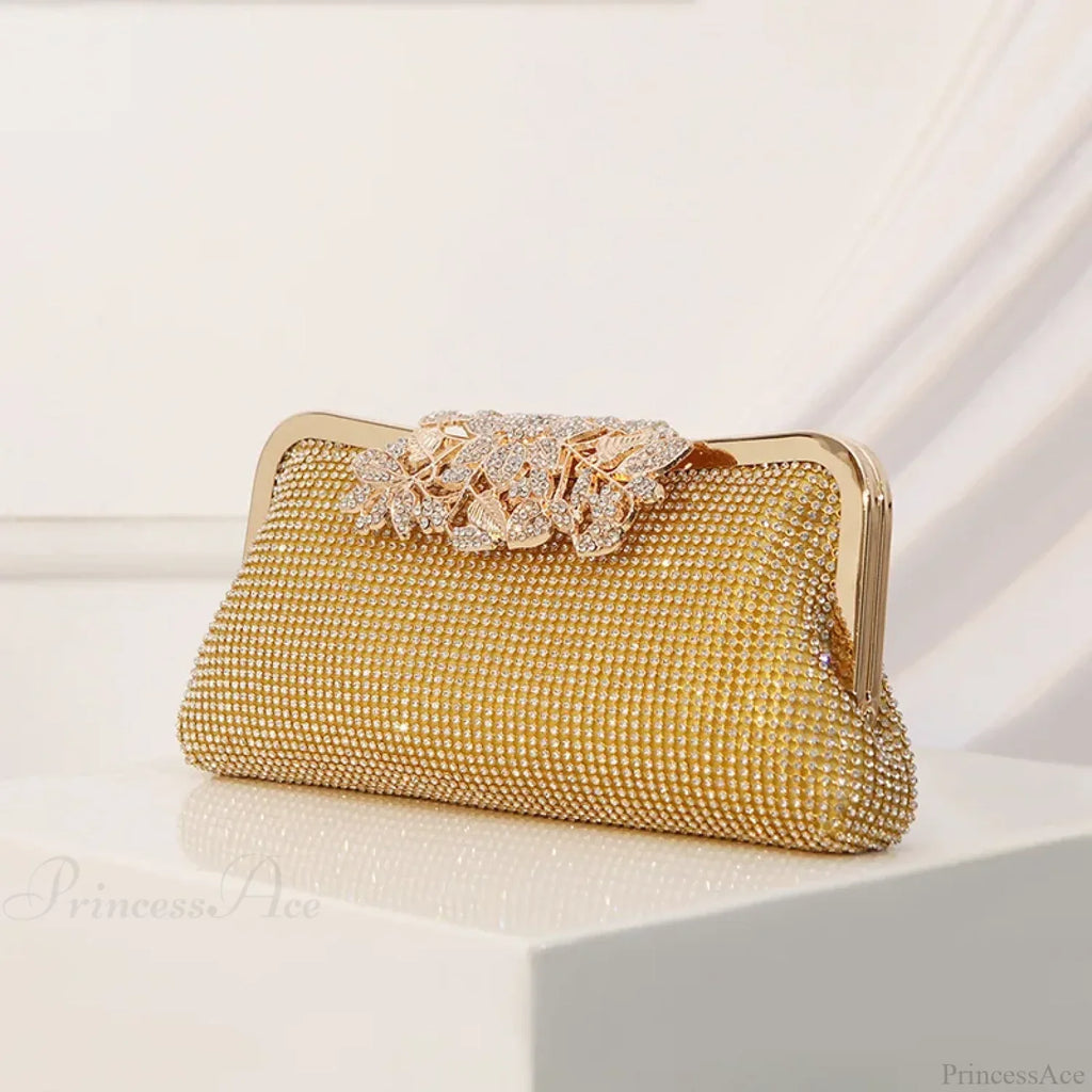 Vintage Rhinestone Flower Kiss Lock Clutch Bag