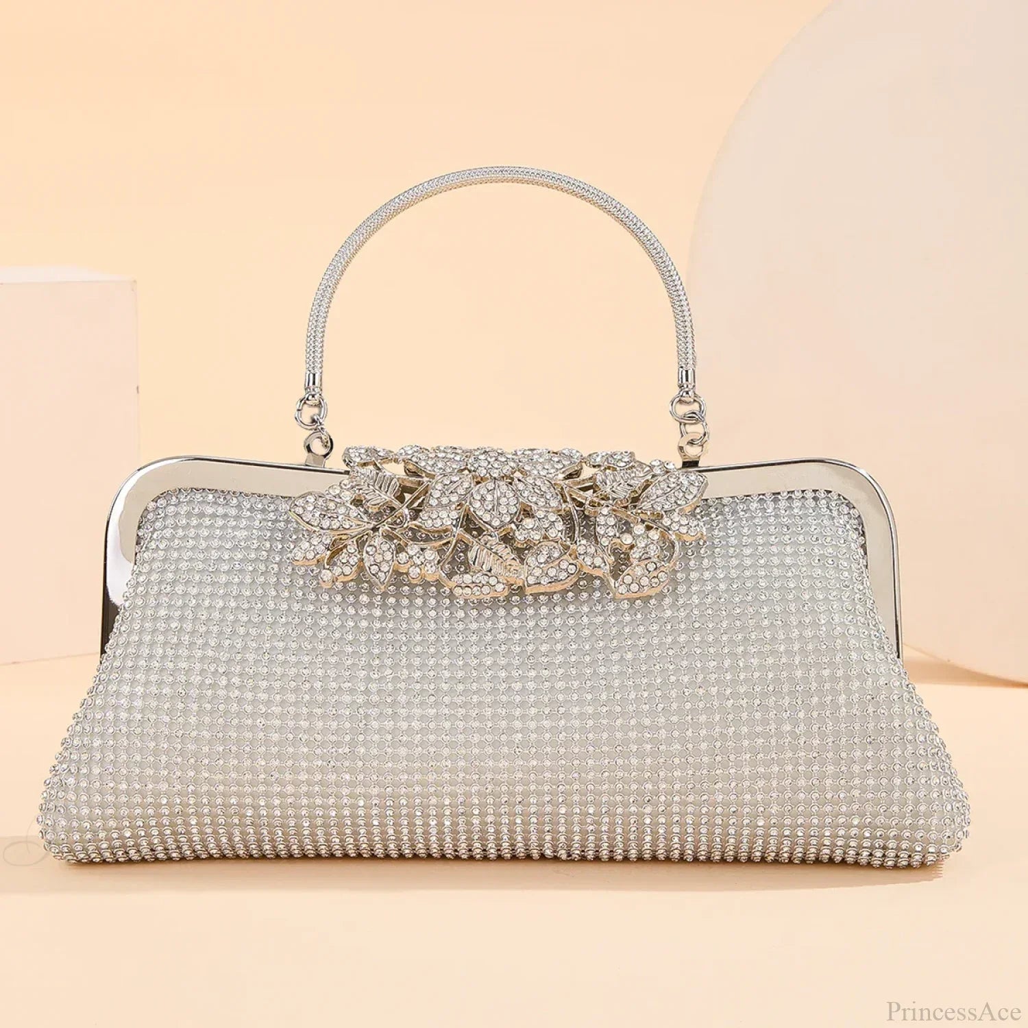Vintage Rhinestone Flower Kiss Lock Clutch Bag
