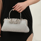 Vintage Rhinestone Flower Kiss Lock Clutch Bag