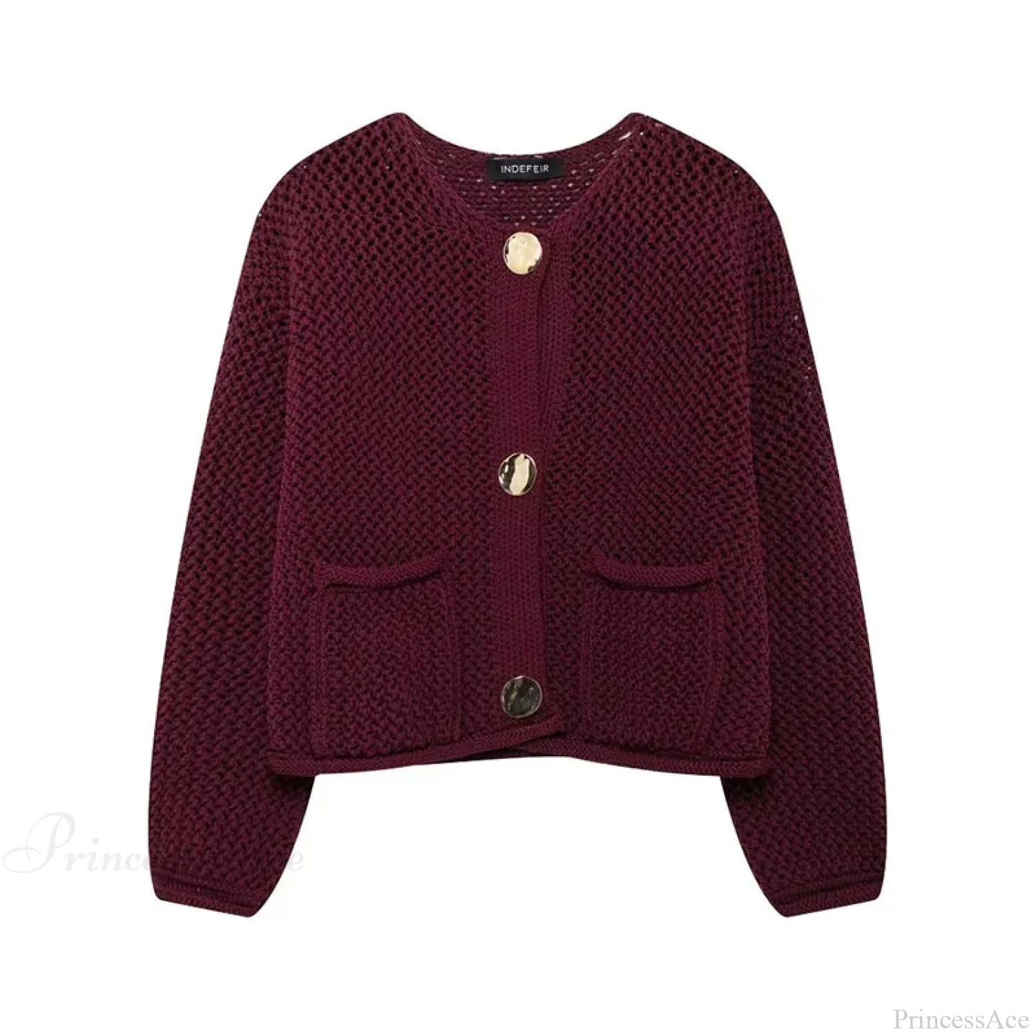 Vintage Stylish Cozy Cropped Wine Red Knitted Button Pocket Sweater