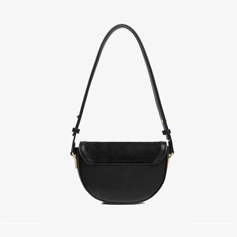 Vintage Suede Argyle Faux Leather Saddle Bag Black