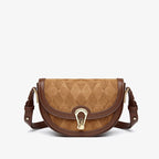 Brown Faux Leather Crossbody Saddle Bag with Vintage Suede Argyle Pattern