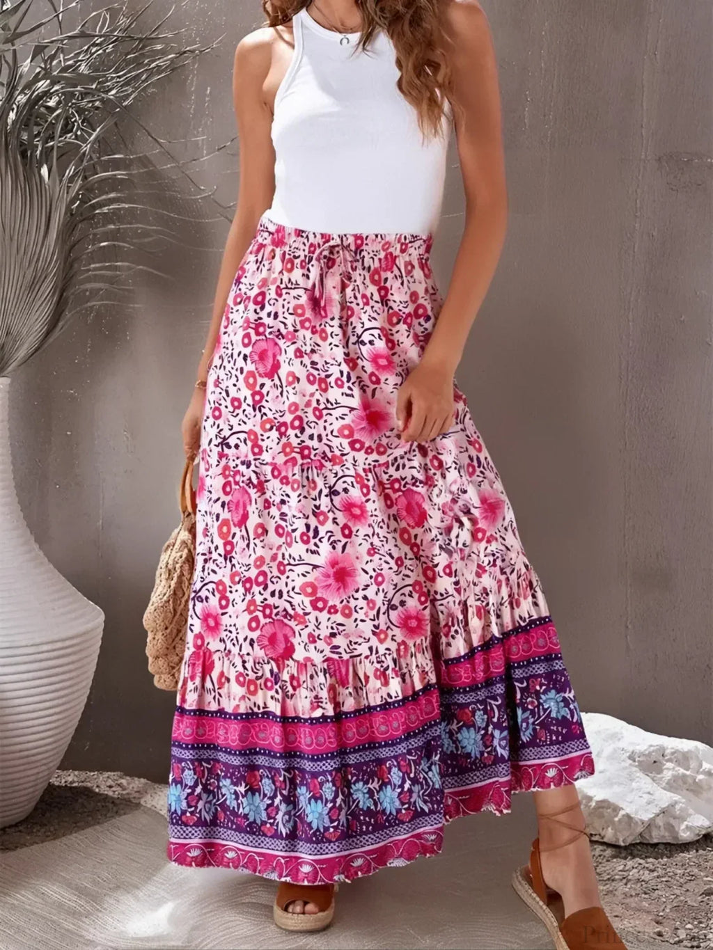 Vintage Women Tassel Elastic Boho Pink Floral Printed Vacation Beach Skirt