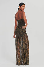 Strapless Tiger Stripe Sheer Panel Front Slit Maxi Dress