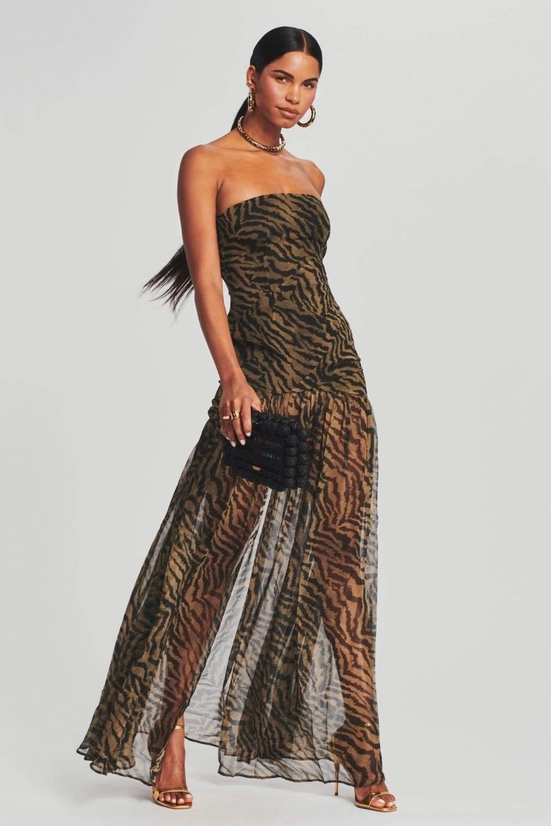 Strapless Tiger Stripe Sheer Panel Front Slit Maxi Dress