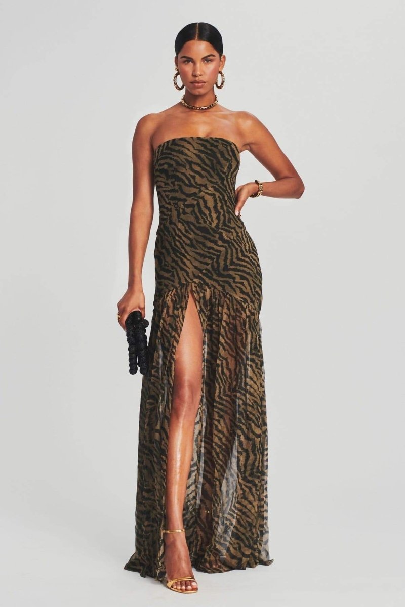 Strapless Tiger Stripe Sheer Panel Front Slit Maxi Dress