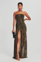 Strapless Tiger Stripe Sheer Panel Front Slit Maxi Dress
