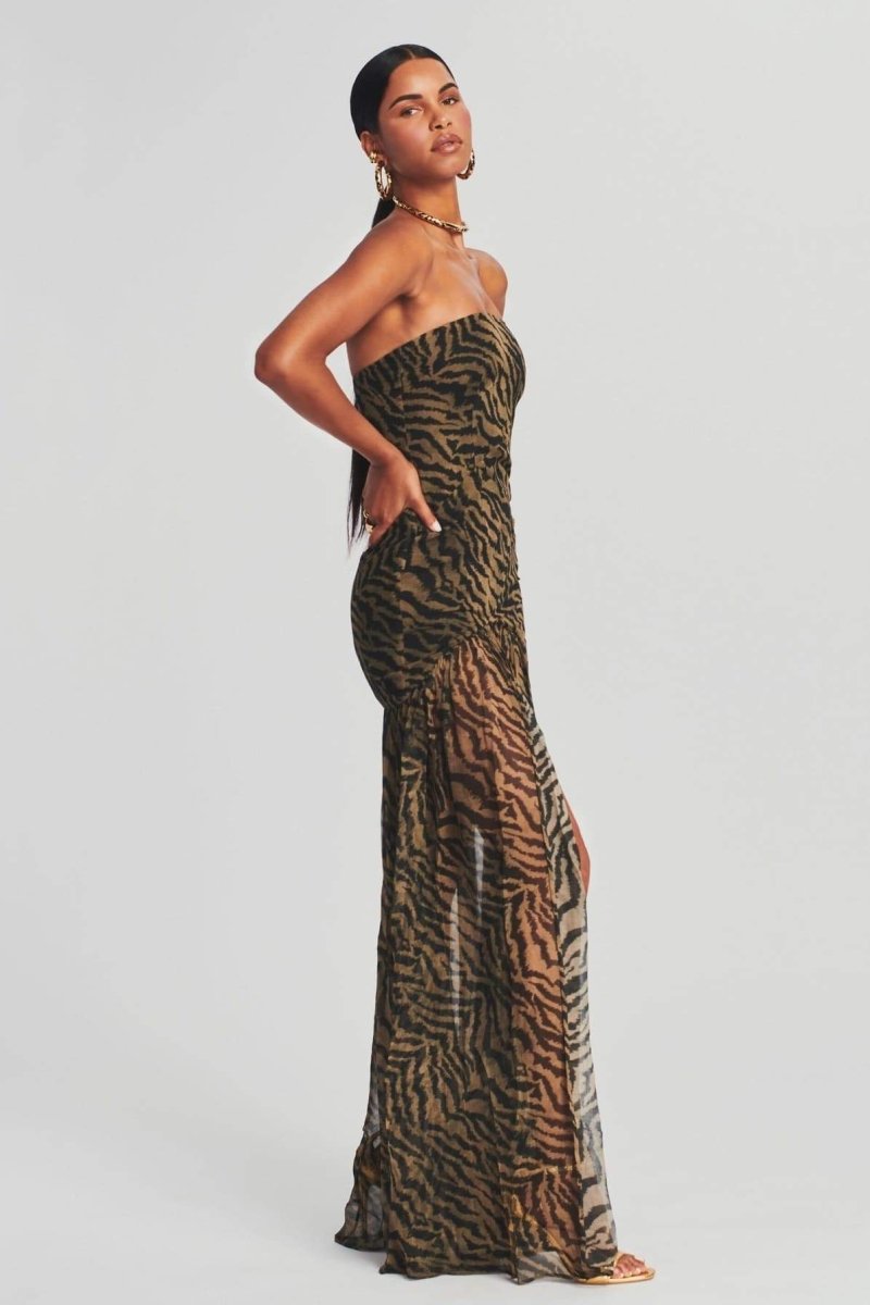 Strapless Tiger Stripe Sheer Panel Front Slit Maxi Dress