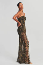 Strapless Tiger Stripe Sheer Panel Front Slit Maxi Dress