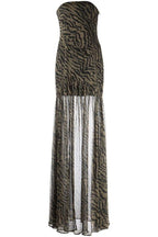 Strapless Tiger Stripe Sheer Panel Front Slit Maxi Dress