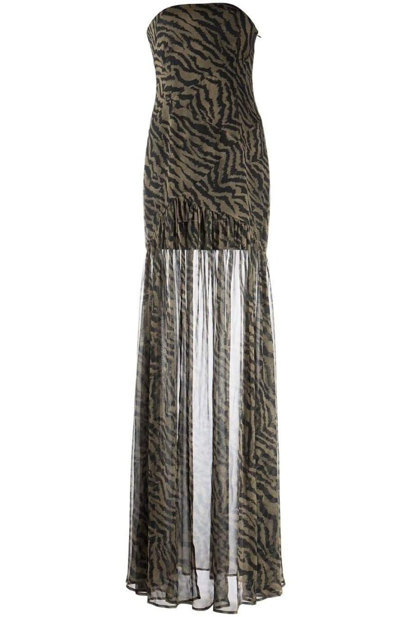 Strapless Tiger Stripe Sheer Panel Front Slit Maxi Dress