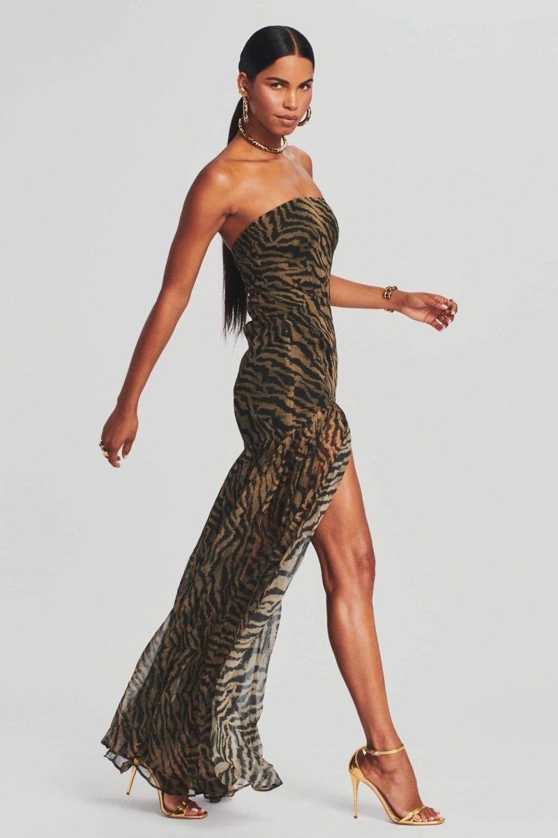 Strapless Tiger Stripe Sheer Panel Front Slit Maxi Dress