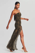 Strapless Tiger Stripe Sheer Panel Front Slit Maxi Dress