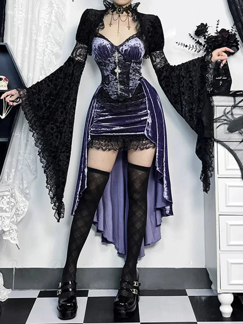 Violet Lace Cross Bodice Midi Dress