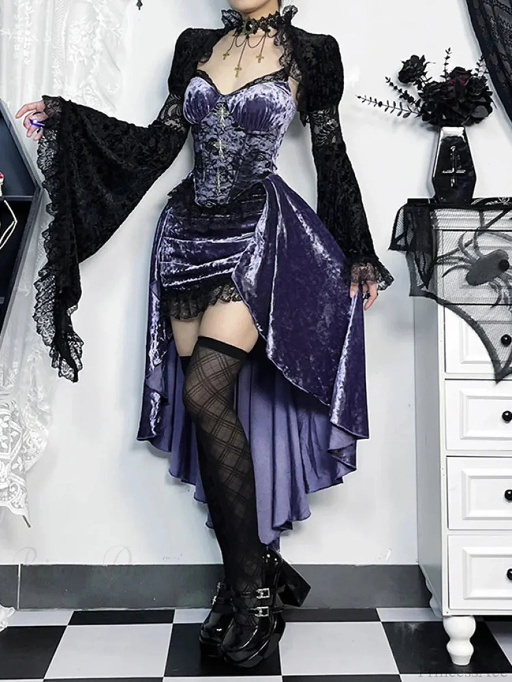 Violet Lace Cross Bodice Midi Dress