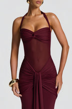 Amandine Burgundy Halterneck Gathered Maxi Dress