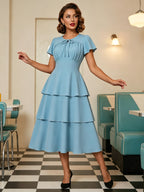 Vintage Dress Women's Elegant Tiered Midi Dress Short Flutter Sleeve Tie Front Fit And Flare Dress