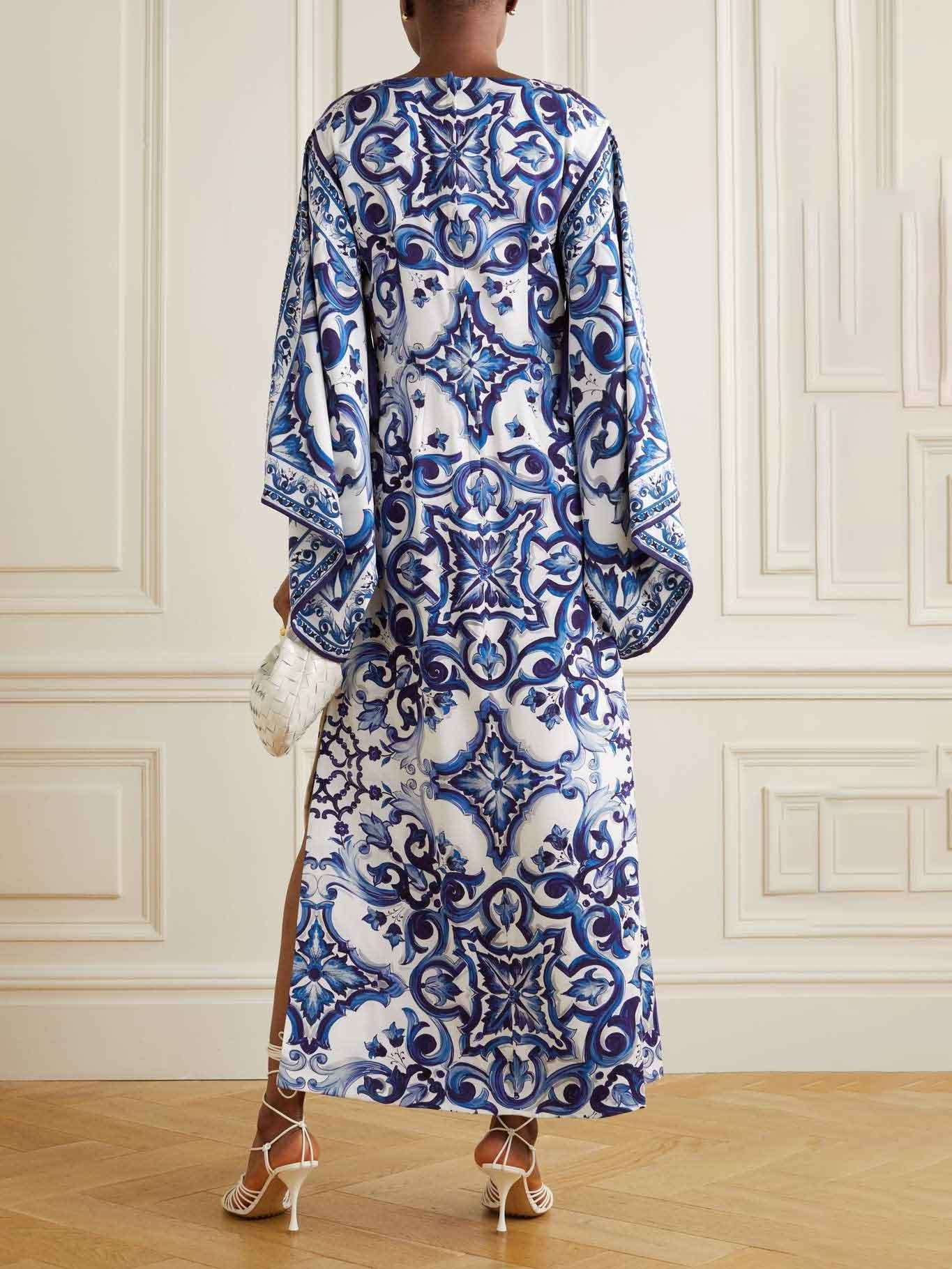 Tile Print Satin Boat Neck Oversized Sleeve Side Slit Kaftan Maxi Dress