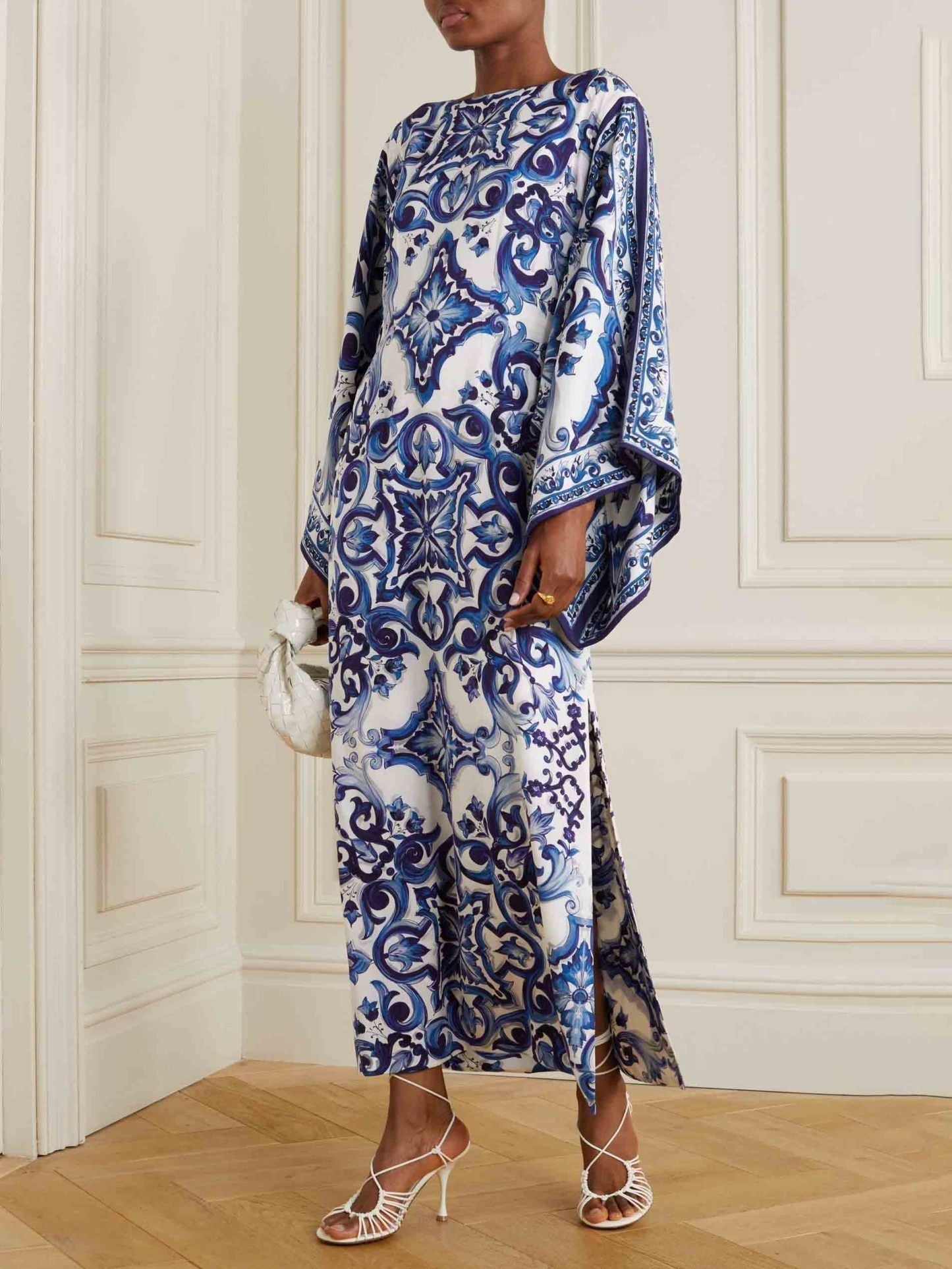 Tile Print Satin Boat Neck Oversized Sleeve Side Slit Kaftan Maxi Dress