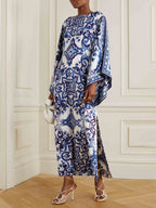Tile Print Satin Boat Neck Oversized Sleeve Side Slit Kaftan Maxi Dress