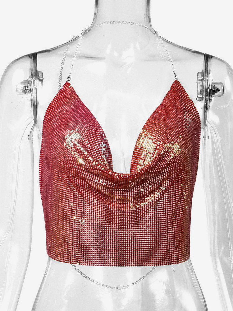 Sexy Straps Halter Metal Tops Sequin Clubwear Tops Sliver Sleeveless Spaghetti Straps Cami Draped Crop For Women