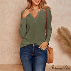 Waffle Neck Tops Knit Henley V for Women