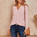 Waffle Neck Tops Knit Henley V for Women