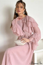 Waist Cinch Ruffled Semi Sheer Elegant Maxi Dress